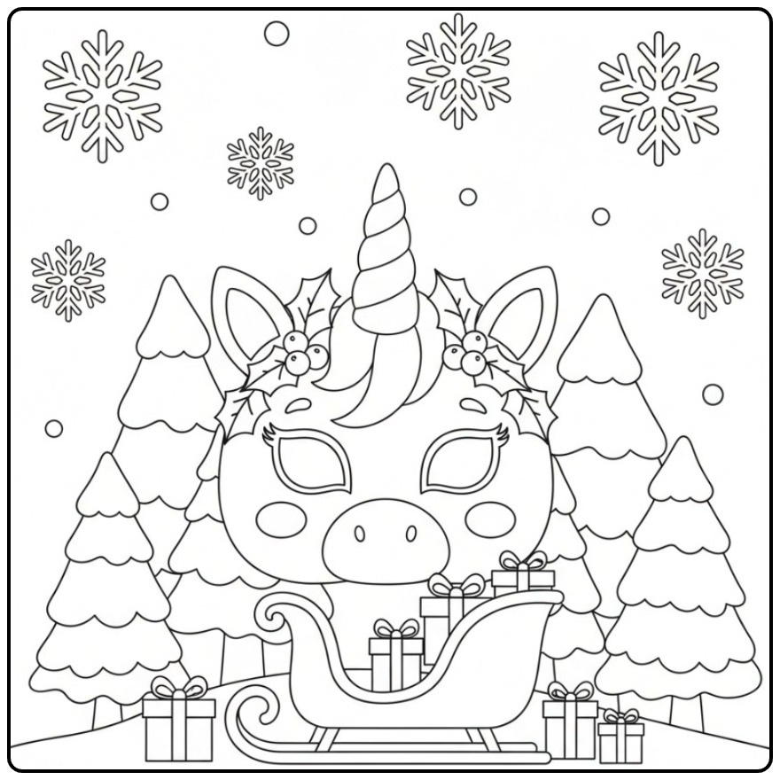Unicorn Mask Christmas Sleigh and Gifts in the Winter coloring page