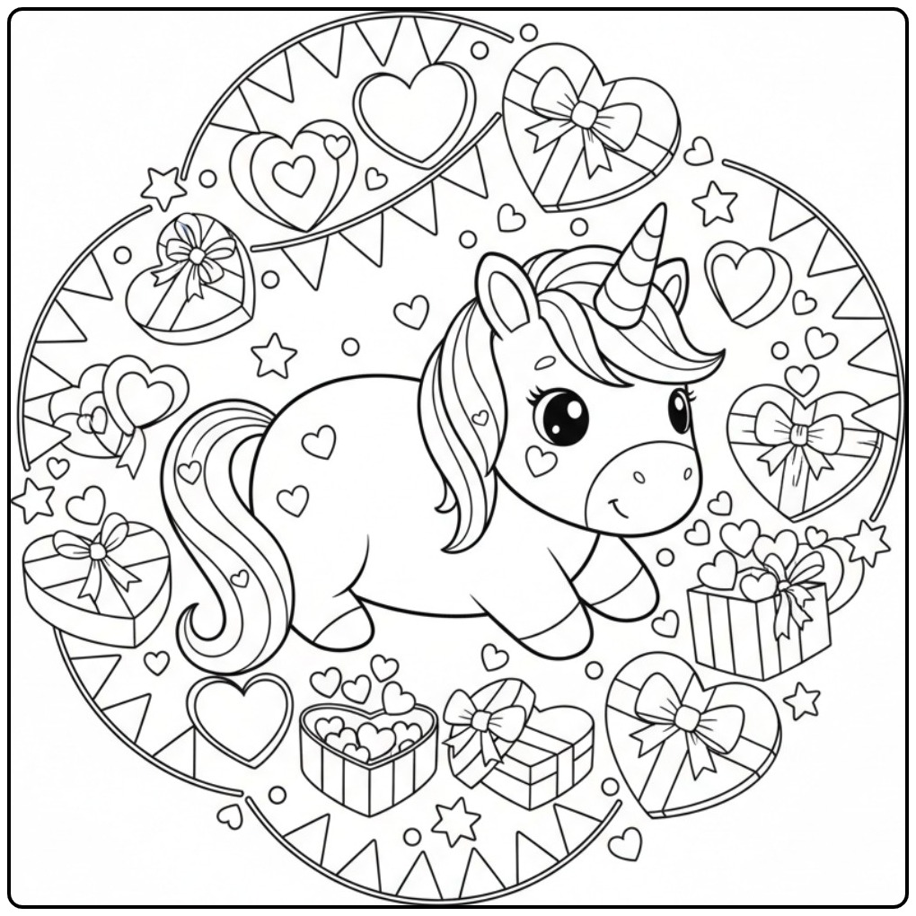 Unicorn with Hearts for Birthday a Magical Party coloring page