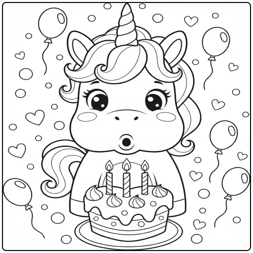 Unicorn with Hearts for a Birthday and Festive Cake coloring page