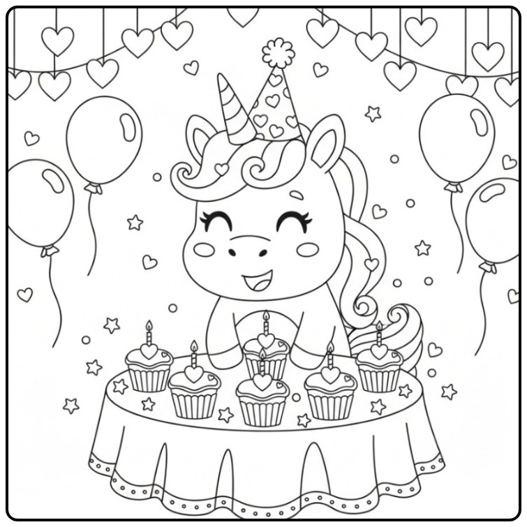 Unicorn Hearts for a Birthday with Cupcakes coloring page