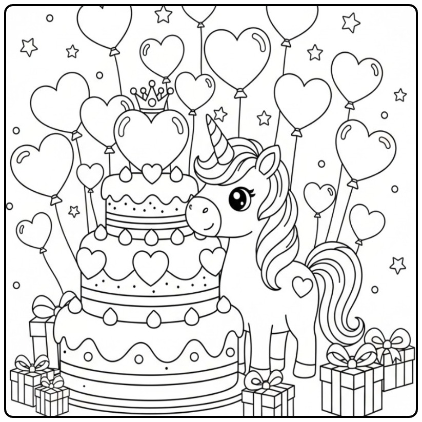Unicorn with Hearts for a Birthday Celebrate the Party coloring page