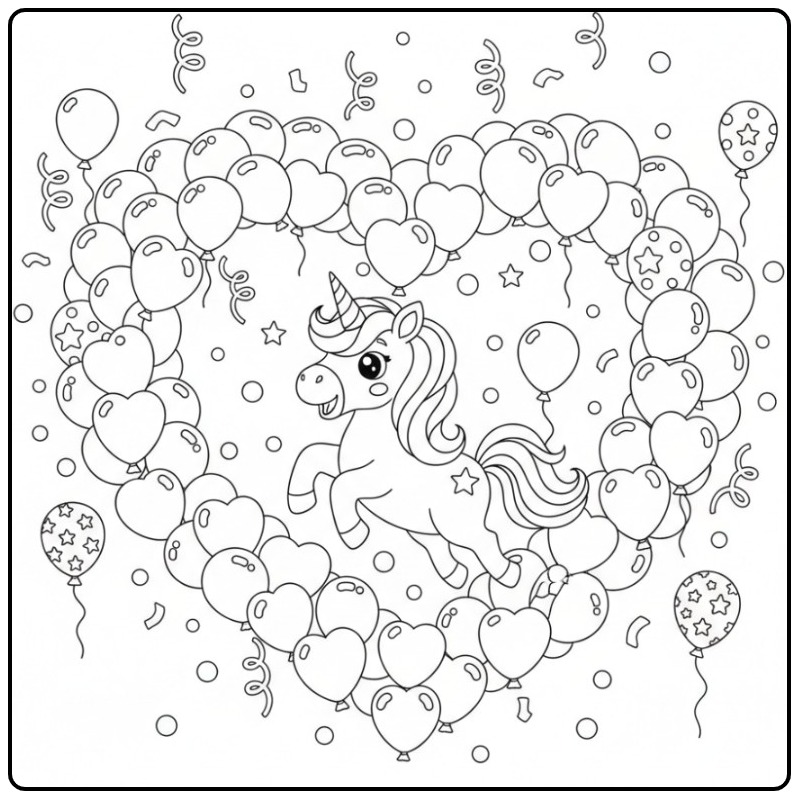 Unicorn with Hearts for a Birthday Full of Magic coloring page