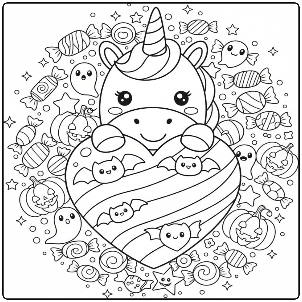 Unicorn with Hearts for Halloween Candy and Pumpkins coloring page