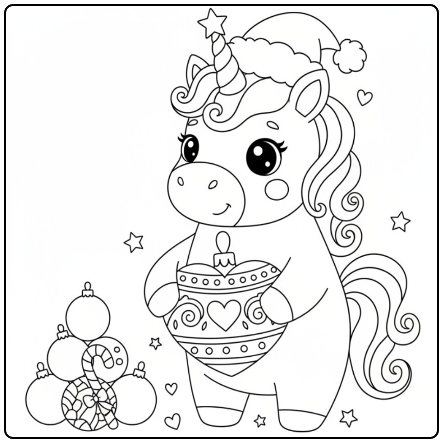 Unicorn with Hearts for Christmas and Cheerful Decorations coloring page