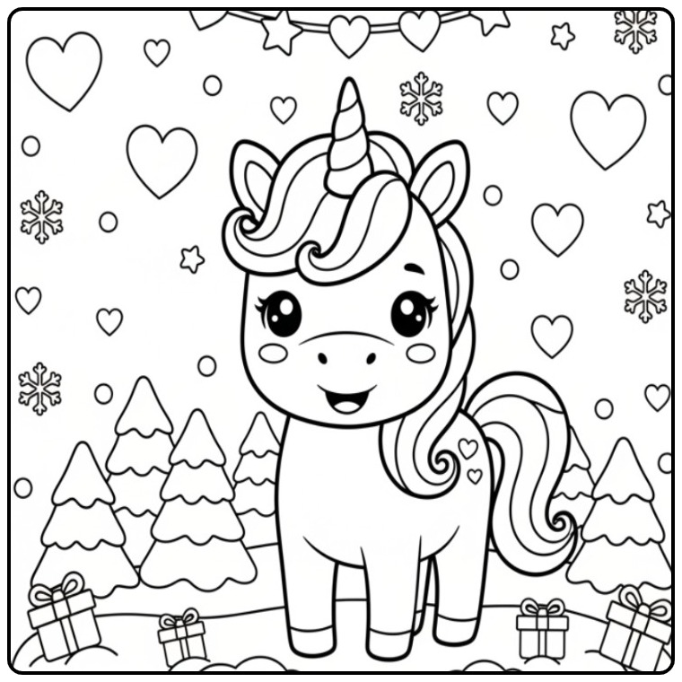 Unicorn with Hearts for Christmas in Snow coloring page
