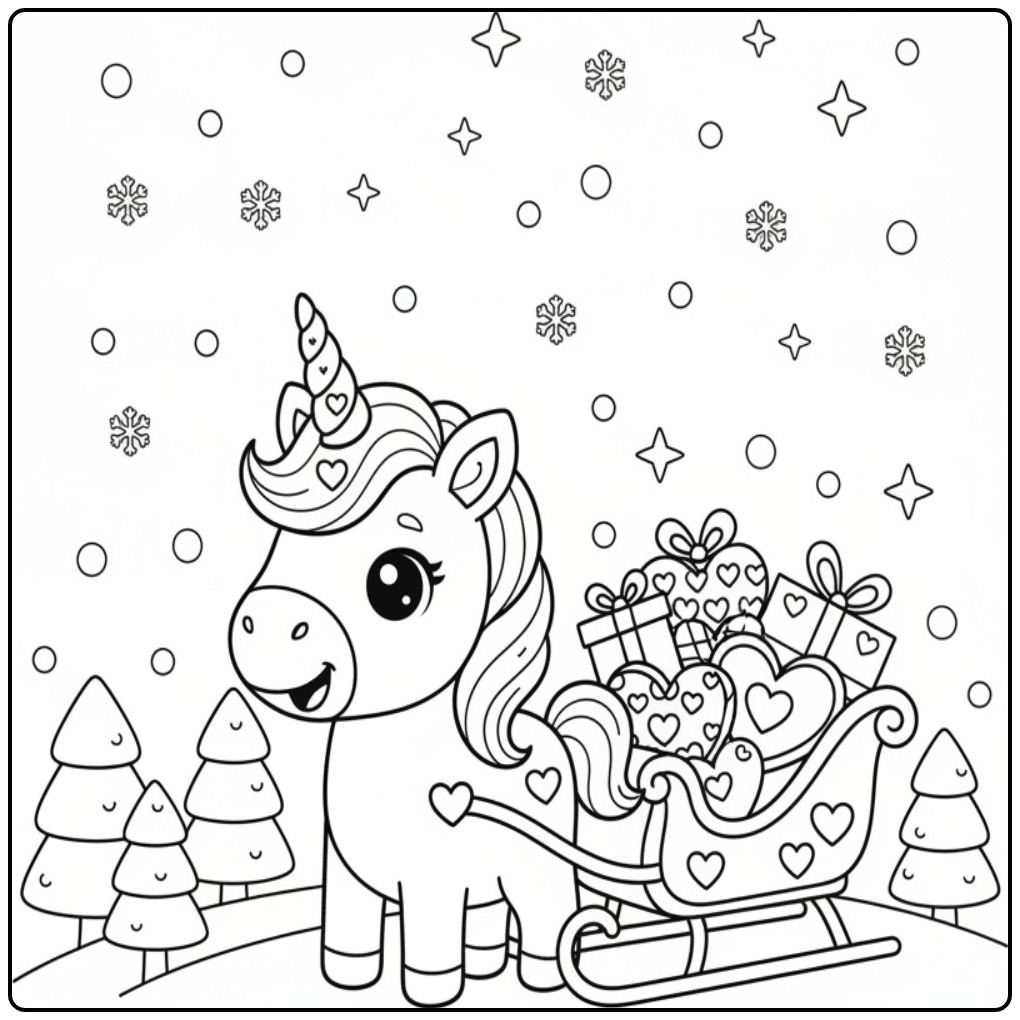 Unicorn with Hearts for Christmas Sleigh Full of Love coloring page