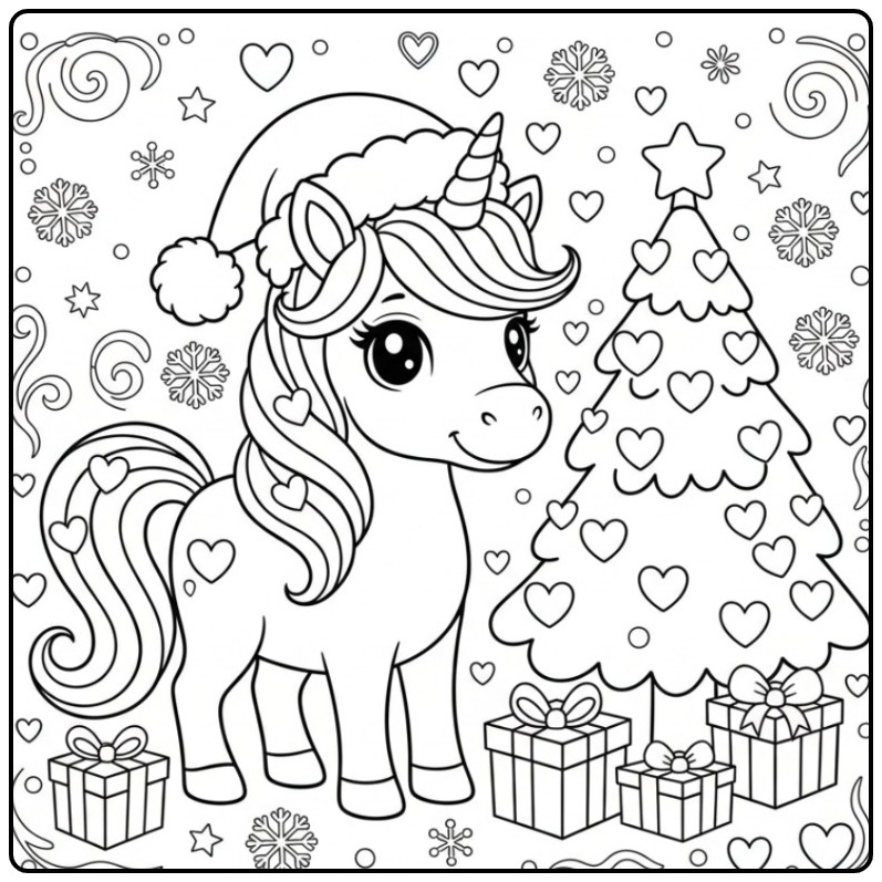 Unicorn with Hearts for Full of Christmas Magic coloring page