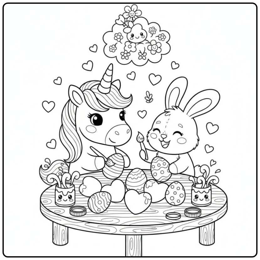 Unicorn with Hearts for Easter Colorful Party coloring page