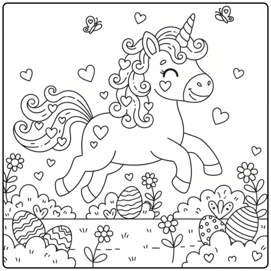 Unicorn with Hearts for Easter Cheerful and Festive coloring page