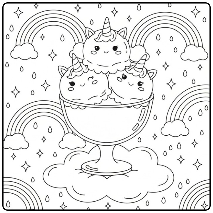 Unicorn with Ice Cream and Rainbow a Magical Color Festival coloring page