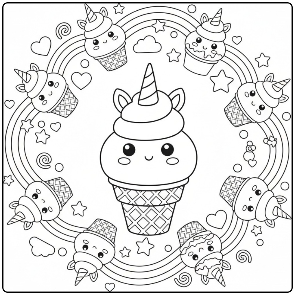 Unicorn with Ice Cream and Rainbow Full of Cheerful Sweet Characters coloring page