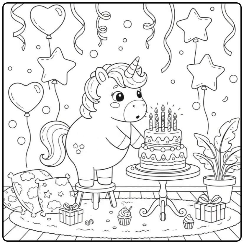 Unicorn with Birthday Cake for a Kids Party coloring page