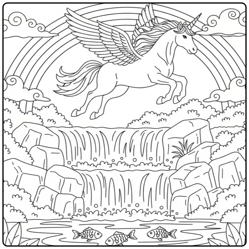 Unicorn with Wings Over a Waterfall Flying coloring page