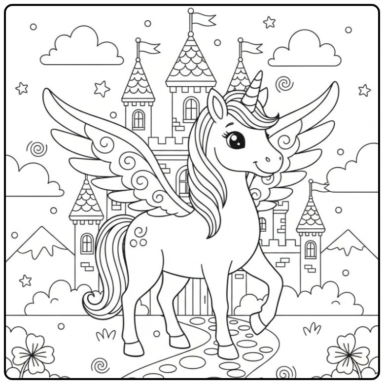 Unicorn with Wings and Castle for Children coloring page