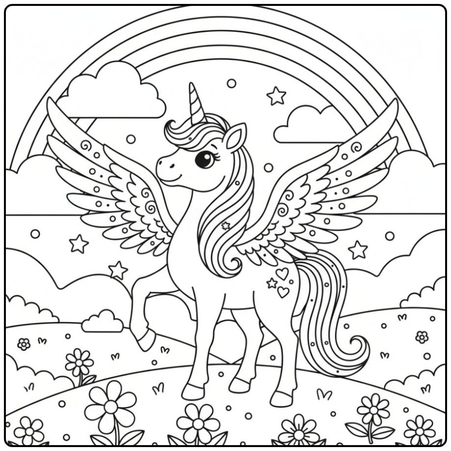 Unicorn with Wings and Rainbow for Children coloring page