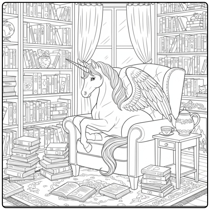 Unicorn with Wings Among Books in Library coloring page