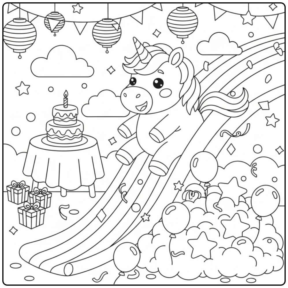 Unicorn on a Rainbow Birthday Party Slide coloring page
