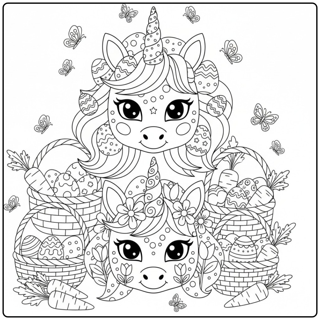 Unicorn Mask Two Happy Unicorns with Easter Eggs coloring page