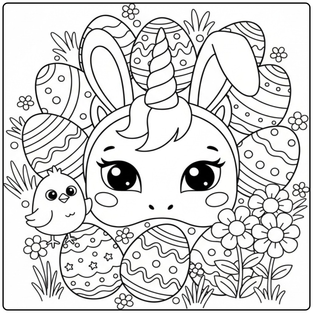 Unicorn Mask Full of Easter Eggs and Flowers coloring page