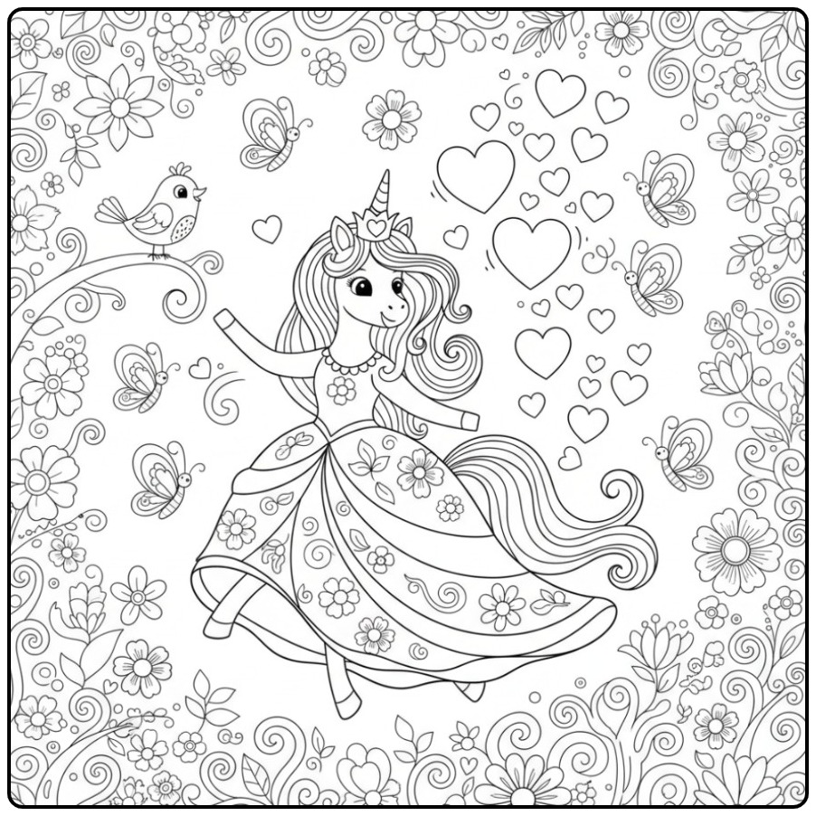 Unicorn Princess with Hearts in a Blooming Garden coloring page