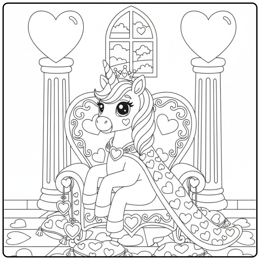 Unicorn Princess with Hearts Sitting Royal on Her Throne coloring page