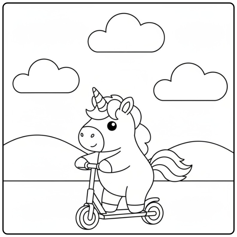 Unicorn Cute Little Animal on a Scooter coloring page