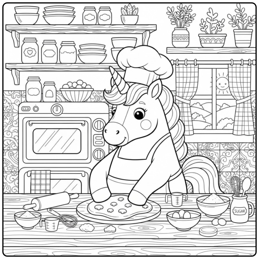 Unicorn Cute a Master Baker in the Kitchen coloring page