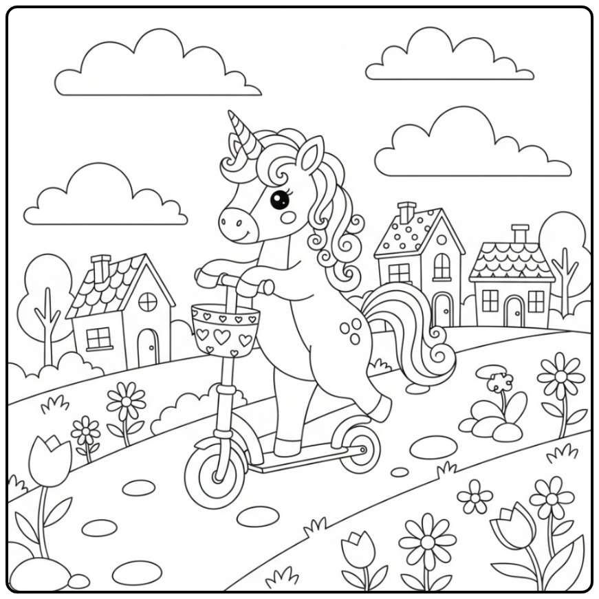 Unicorn Cute in a Village with Flowers coloring page