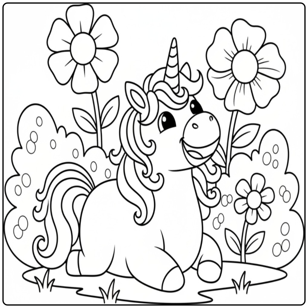 Unicorn Cute with Big Flowers and Bushes coloring page