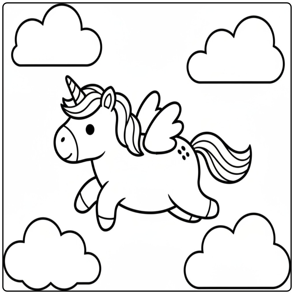 Unicorn Cute with Wings in the Sky coloring page