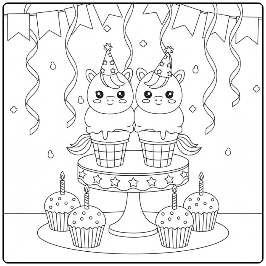 Unicorn Birthday with Ice Creams a Cheerful Party coloring page