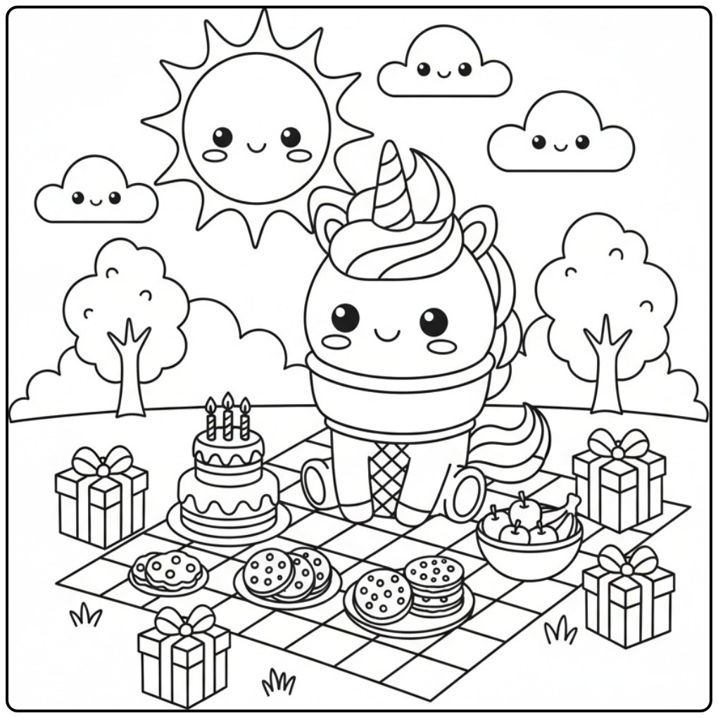 Unicorn Birthday with Ice Creams the Cheerful Party coloring page
