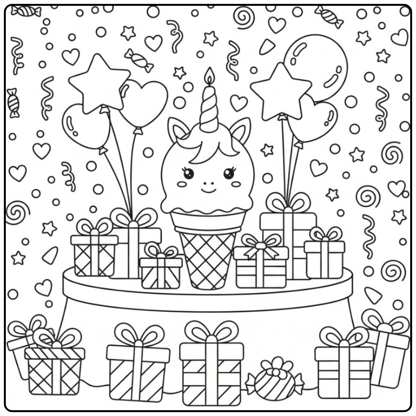 Unicorn Birthday with Ice Creams on a Party Table coloring page