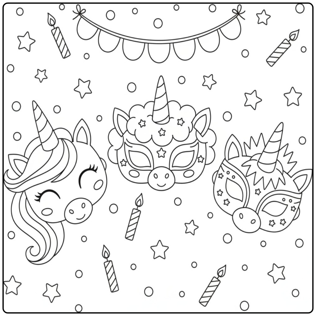 Unicorn Verjaardags Mask Creative Fun for Every Child coloring page