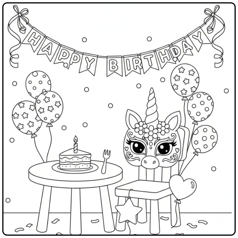 Unicorn Verjaardags Mask Ready for Party and Cake coloring page