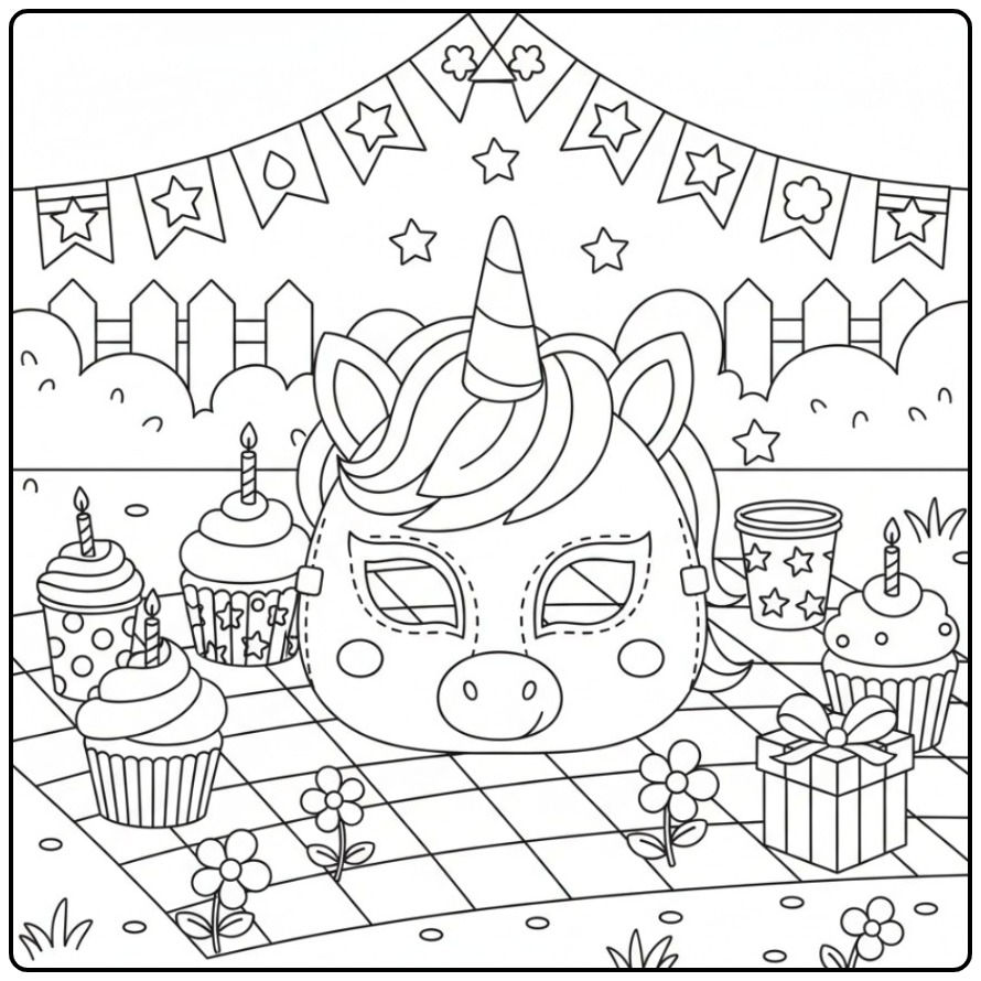 Unicorn Verjaardags Mask for a Cheerful Party coloring page