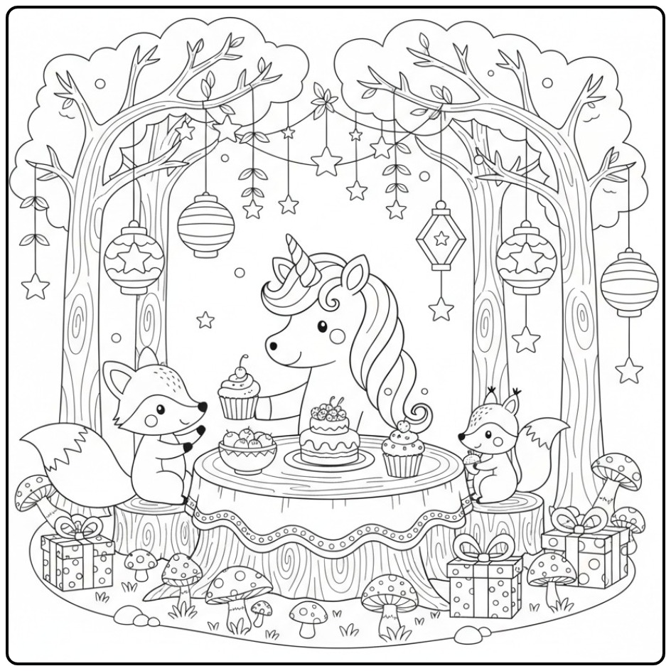 Unicorn Birthday Party with Friends for Children coloring page