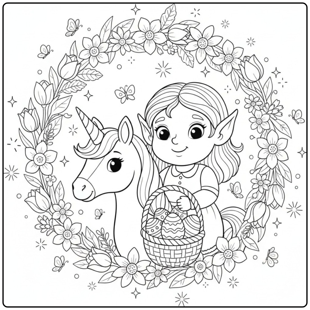 Fairy and Unicorn Easter in a Flower Crown coloring page