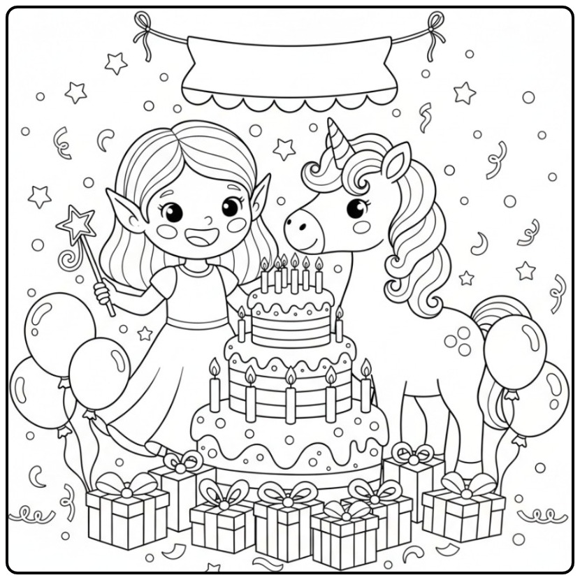 Fairy and Unicorn Birthday coloring page