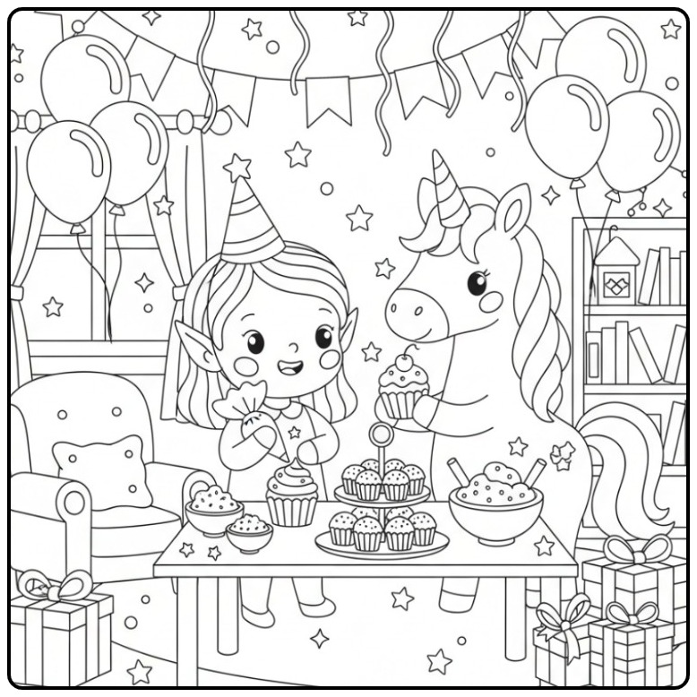 Fairy and Unicorn Birthday Celebrating a Party coloring page