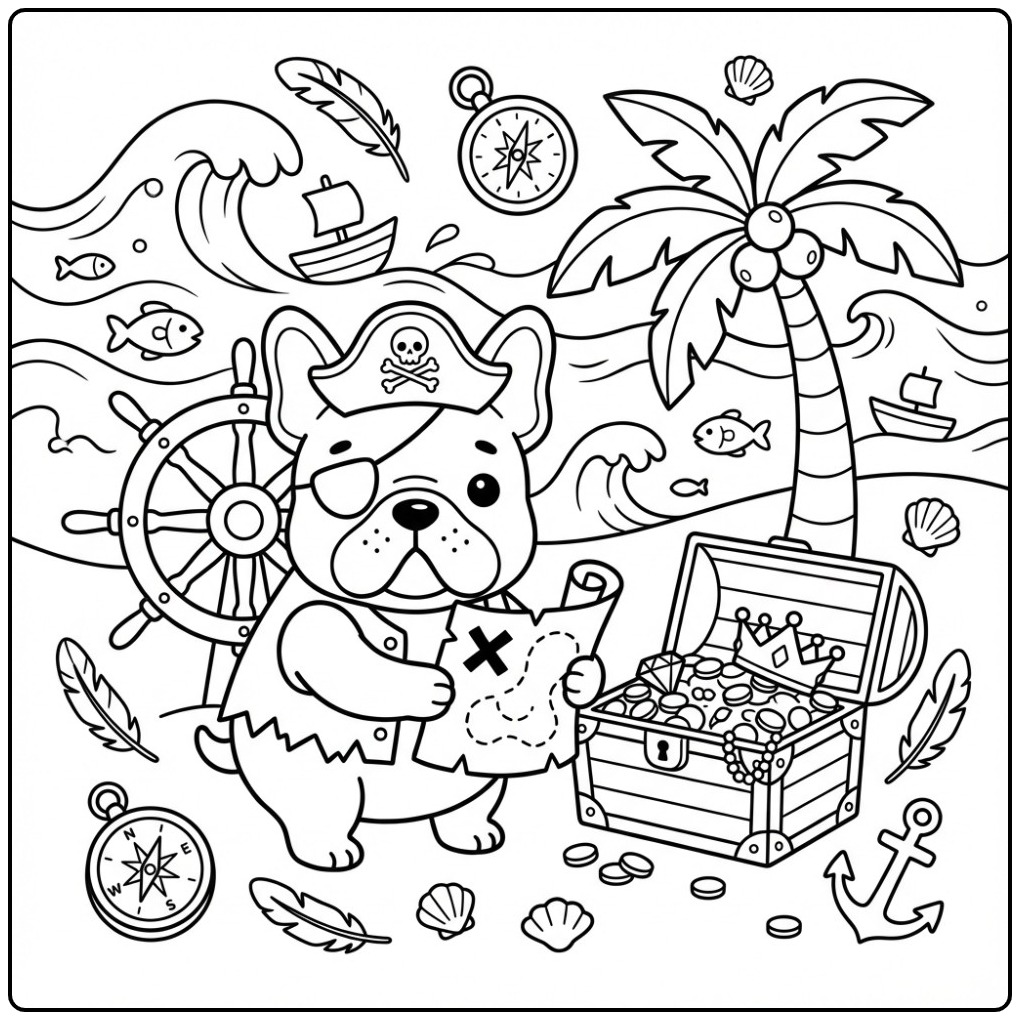 French Bulldog as Pirate on a Island Adventure coloring page