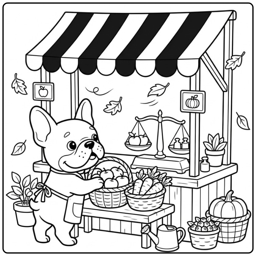 French Bulldog as Verkoper on the Herfstmarkt coloring page