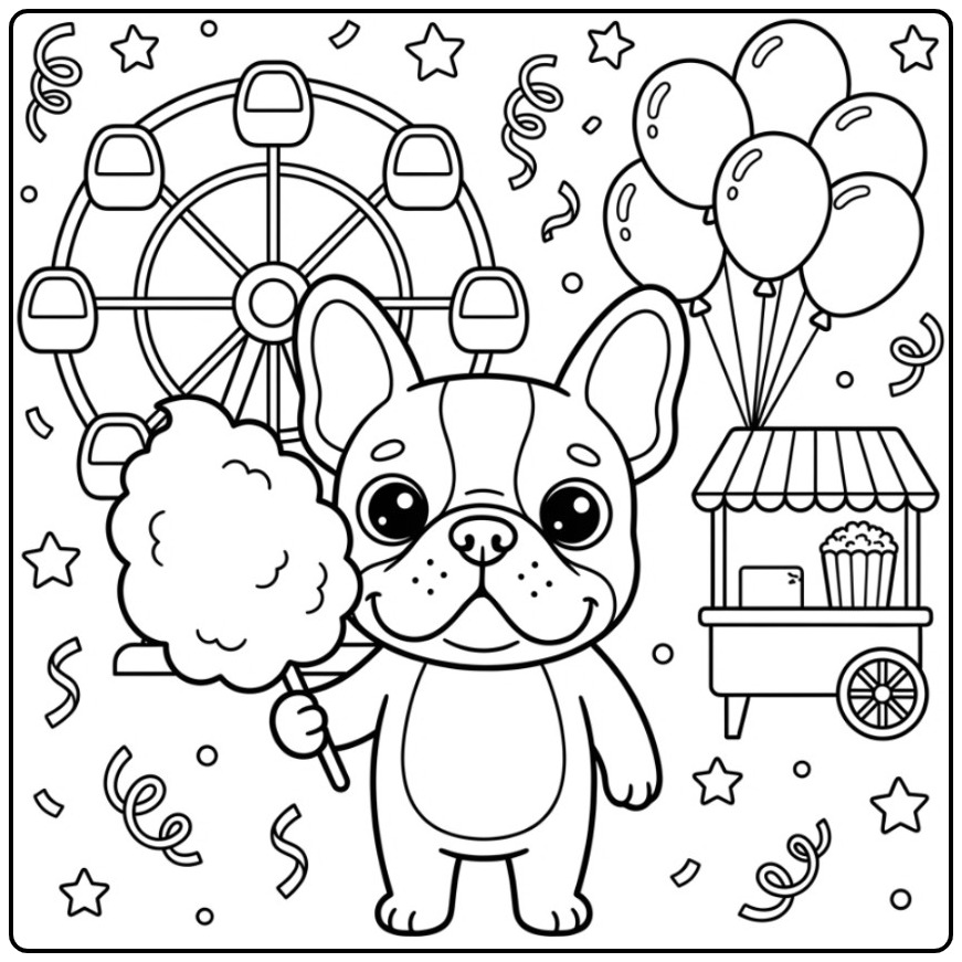 French Bulldog with a Big Cotton Candy and Reuzenrad coloring page