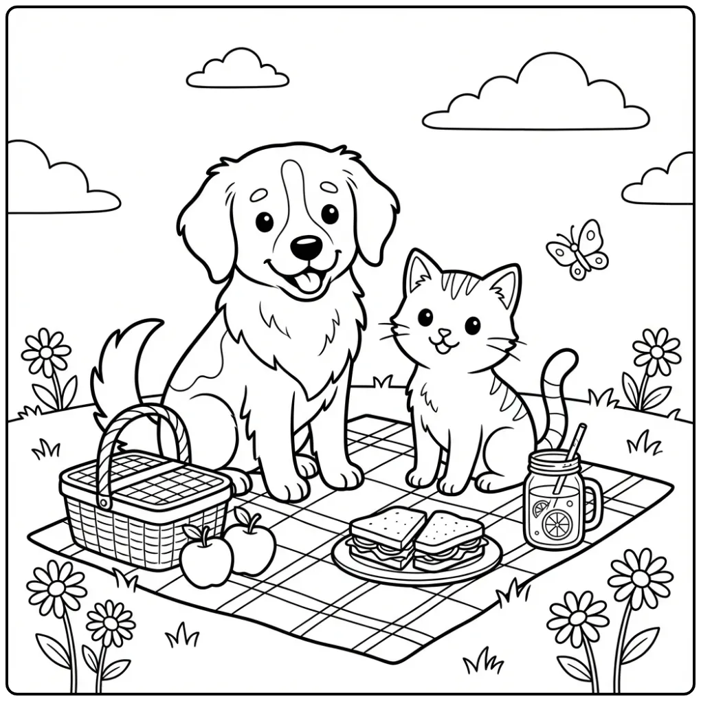 Frisian Stabyhoun coloring page picnicking with a kitten