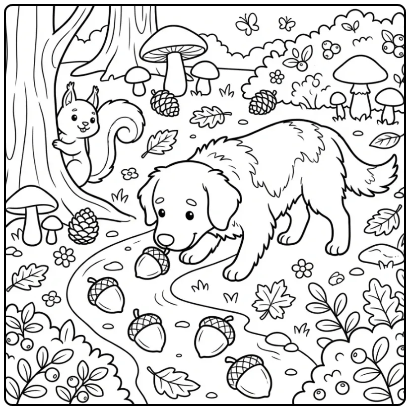 Frisian Stabyhoun coloring page in the forest with a squirrel