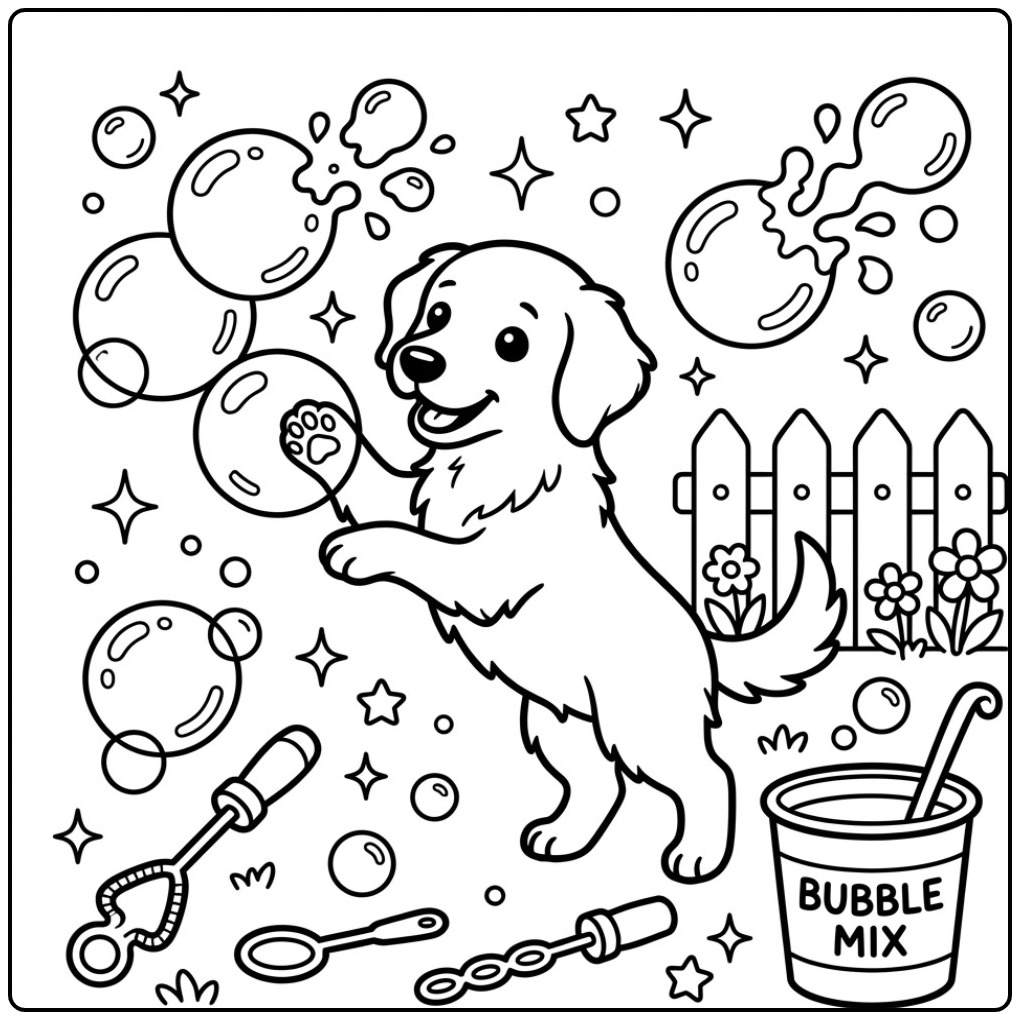 Golden Retriever Pup Catching Magical Bubbles coloring page