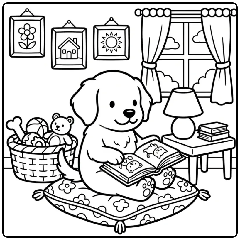 Golden Retriever Puppy in the Living Room with Book coloring page