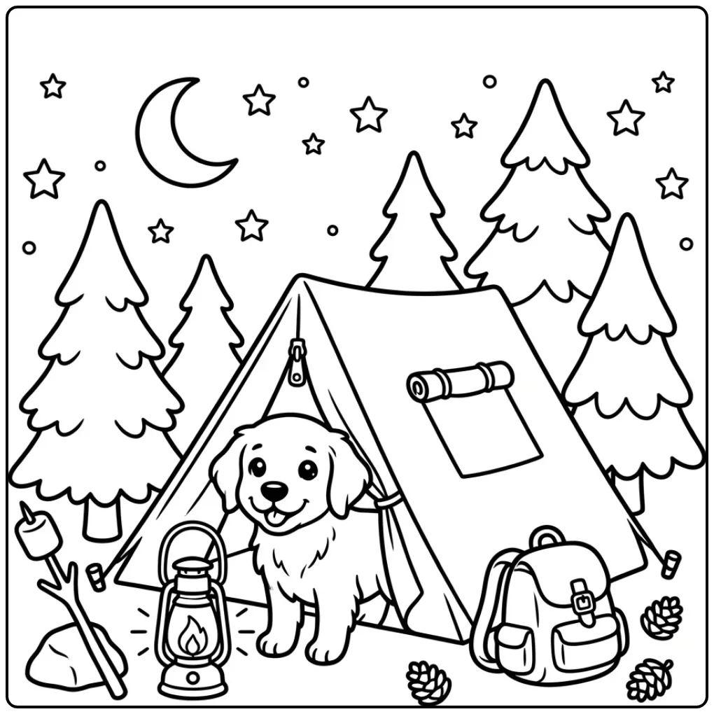 Golden Retriever Puppy in Tent Under the Stars coloring page