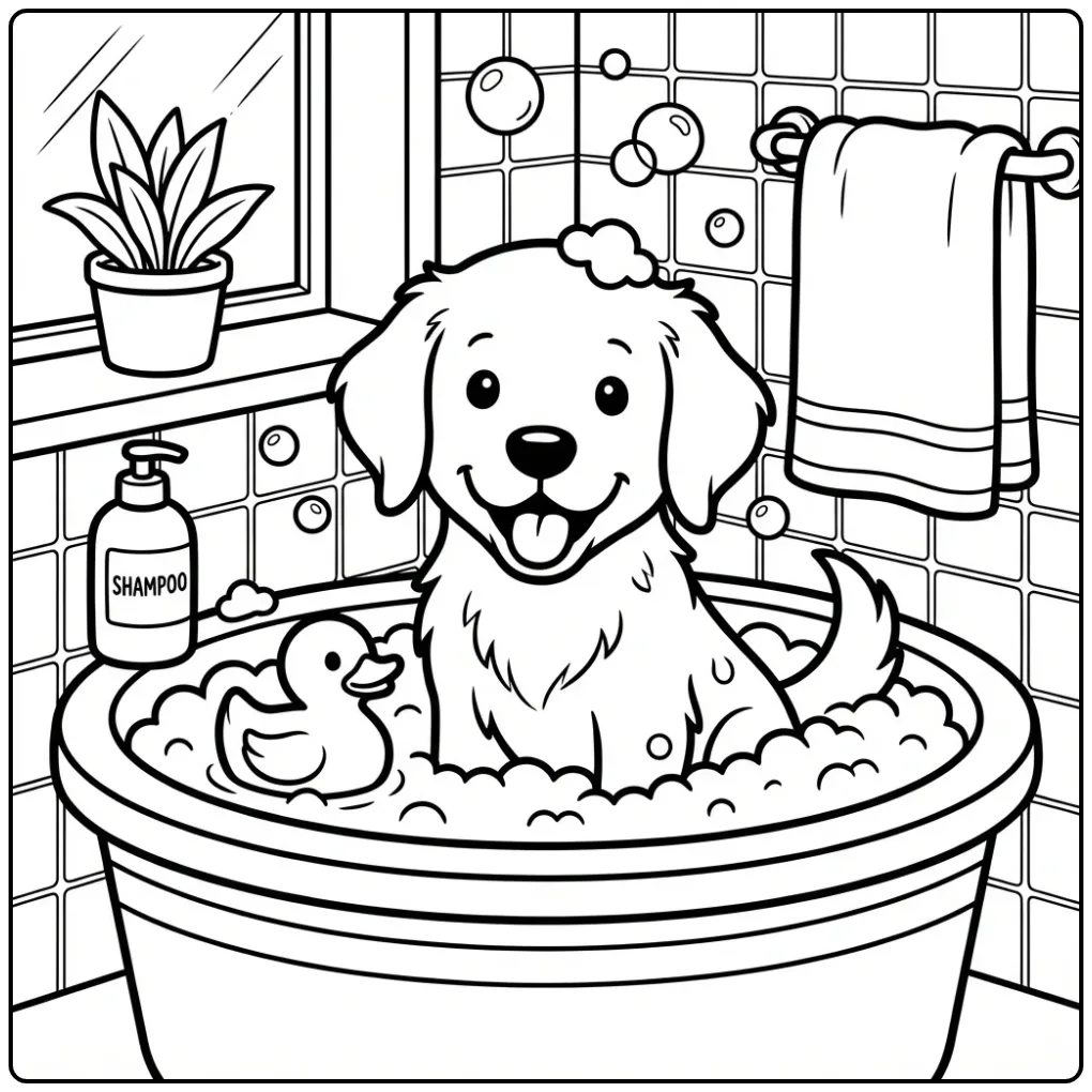 Golden Retriever Puppy with Rubber Duck and Bubbles coloring page