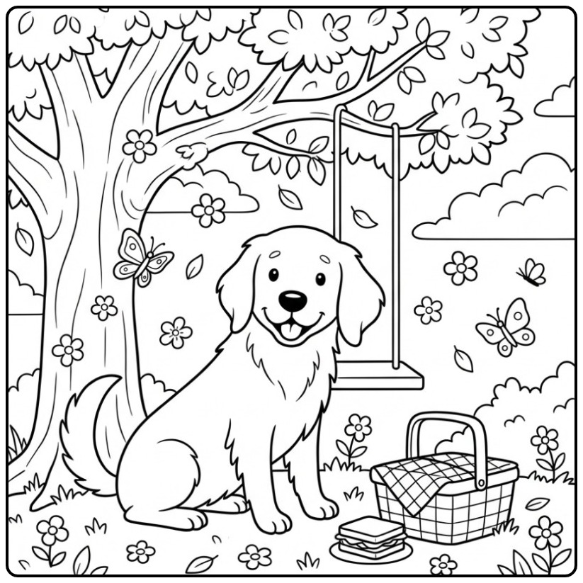 Golden Retriever Watch on a Delicious Picnic coloring page